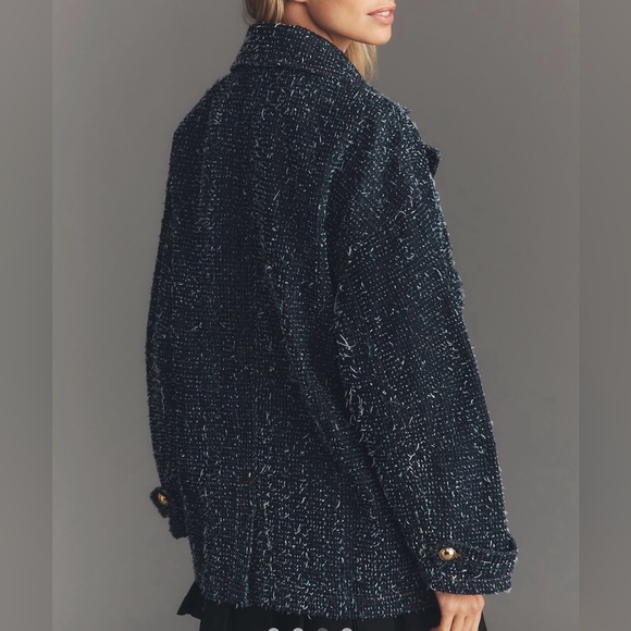 NEW NWT Anthropologie Denim Tweed Needle punched Double Breasted Coat blazer - Picture 3 of 13